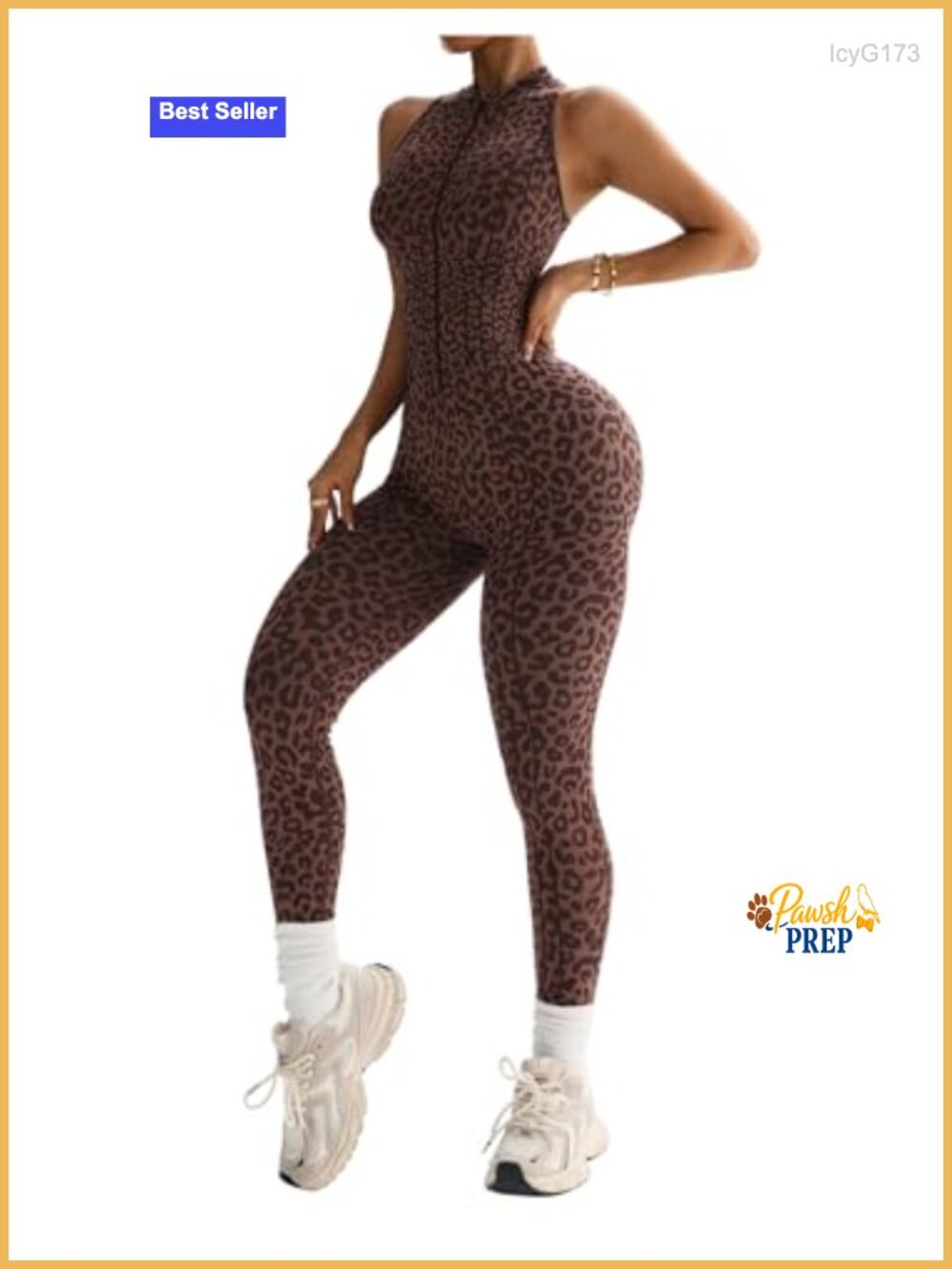 Leopard Print Zip Front Jumpsuit Bodysuit Sleeveless Yoga Romper Unitard